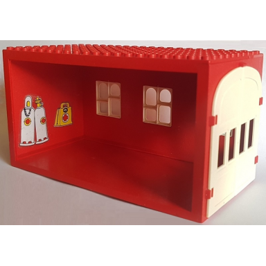 red fabuland garage block with white windows and white doors with 2 white oxygen bottles and yellow medical bag pattern stickers - sets 137-1 347-3