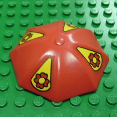 red fabuland umbrella top with no bottom flaps 6 x 6 without top stud with yellow pennants and red flowers pattern stickers - set 3681