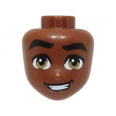 mini doll head friends with black thick eyebrows dark tan eyes and lopsided open mouth smile with teeth pattern