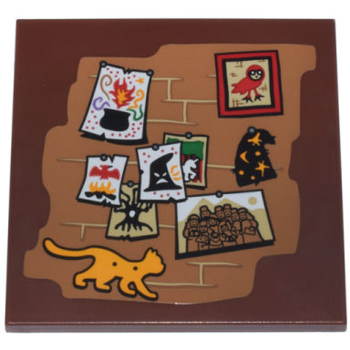 reddish brown tile 6 x 6 with brick wall with pinned photos red owl black hat cauldron and tree and bright light orange cat pattern sticker - set 76437