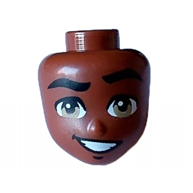 mini doll head friends with black thick eyebrows left raised dark tan eyes chin dimple and lopsided open mouth smile with teeth pattern
