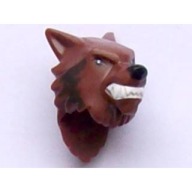 minifigure head modified wolf with black nose white teeth and fangs dark brown fur pattern