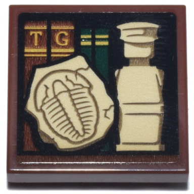 reddish brown tile modified 2 x 2 inverted with reddish brown and dark green books gold trim and letters t and g tan legoland minifigure and trilobite fossil pattern sticker - set 21355