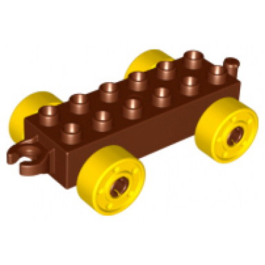 reddish brown duplo car base 2 x 6 with open hitch end and yellow wheels with fake bolts