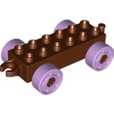 reddish brown duplo car base 2 x 6 with open hitch end and lavender wheels with fake bolts