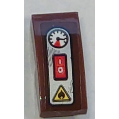 reddish brown slope curved 2 x 1 x 2 3 with silver panel with gauge red switch and yellow fire danger triangle pattern sticker - set 70421