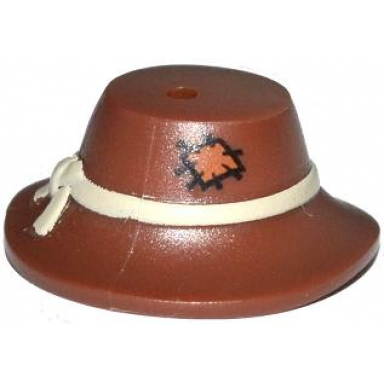 reddish brown minifigure headgear hat wide floppy brim with knotted tan band and patch pattern