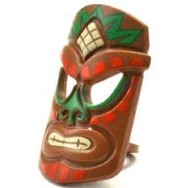 reddish brown minifigure tiki mask with red green and tan tribal pattern