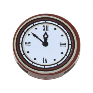 reddish brown tile round 2 x 2 with bottom stud holder with white clock face time 11:52 with black hands and roman numerals pattern