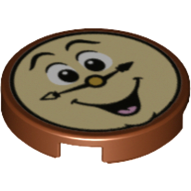 reddish brown tile round 2 x 2 with bottom stud holder with laughing clock face pattern cogsworth