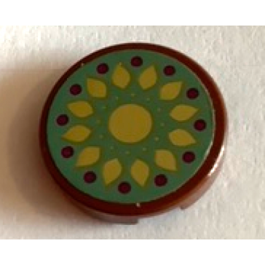 reddish brown tile round 2 x 2 with bottom stud holder with gold petals and magenta dots on sand green background pattern sticker - set 41068