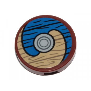 reddish brown tile round 2 x 2 with bottom stud holder with viking shield blue tan sections and wood grain pattern sticker - set 76208