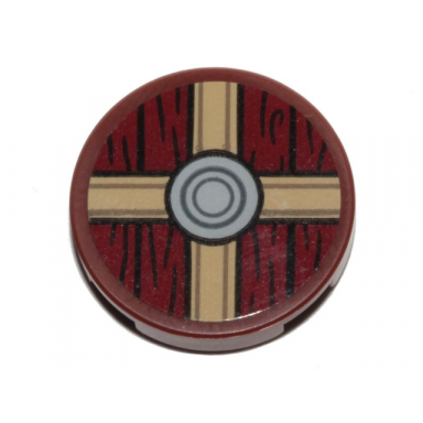 reddish brown tile round 2 x 2 with bottom stud holder with viking shield tan dark red sections and wood grain pattern sticker - set 76208