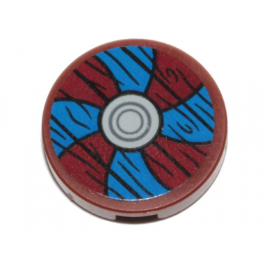 reddish brown tile round 2 x 2 with bottom stud holder with viking shield blue dark red sections and wood grain pattern sticker - set 76208