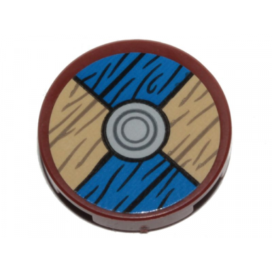 reddish brown tile round 2 x 2 with bottom stud holder with viking shield blue tan sections and wood grain pattern sticker - set 76208