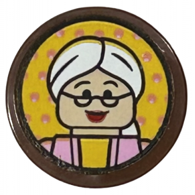 reddish brown tile round 2 x 2 with bottom stud holder with woman minifigure with glasses white hair and bright pink top pattern sticker - set 43217