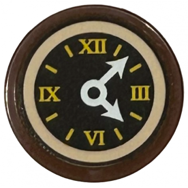 reddish brown tile round 2 x 2 with bottom stud holder with dark brown clock face with roman numerals white hands light nougat border pattern sticker - set 43217
