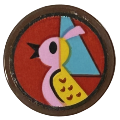 reddish brown tile round 2 x 2 with bottom stud holder with bright pink and bright light orange bird medium azure triangle red background pattern sticker - set 43217