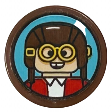 reddish brown tile round 2 x 2 with bottom stud holder with girl minifigure with reddish brown hat goggles and red jacket pattern sticker - set 43217
