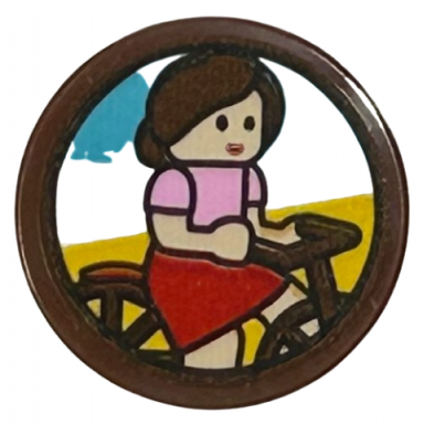 reddish brown tile round 2 x 2 with bottom stud holder with woman minifigure with bright pink top and red skirt on bicycle pattern sticker - set 43217