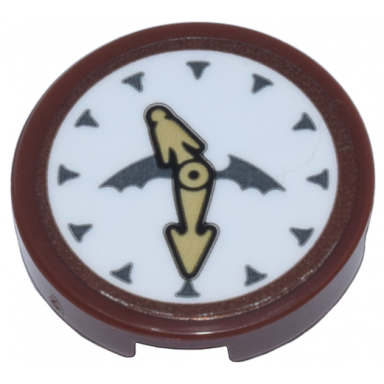 reddish brown tile round 2 x 2 with bottom stud holder with white clock face tan hands and dark bluish gray wings pattern sticker - set 71799