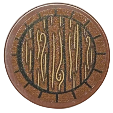 reddish brown tile round 2 x 2 with bottom stud holder with tan wood grain black circle and lines pattern sticker - set 76412