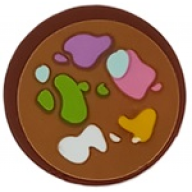reddish brown tile round 2 x 2 with bottom stud holder with paint palette with medium lavender dark pink lime white and yellow splotches pattern sticker- set 41682