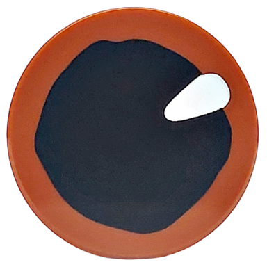 reddish brown tile round 2 x 2 with bottom stud holder with eye with black pupil and white teardrop shaped glint pattern