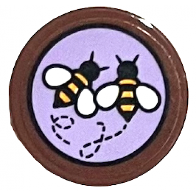 reddish brown tile round 2 x 2 with bottom stud holder with 2 bees on lavender background pattern sticker - set 21326