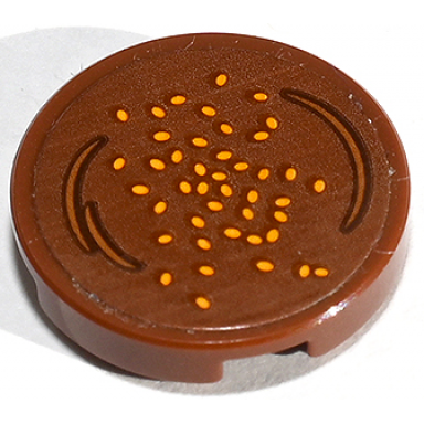 reddish brown tile round 2 x 2 with bottom stud holder with curved lines and bright light orange sesame seeds pattern sticker - set 41747