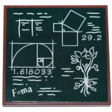 reddish brown tile 4 x 4 with dark green chalk board white text charts geometry diagram golden ratio plant and 29.2 1.618033 f=ma pattern sticker - set 21355