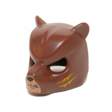 reddish brown minifigure headgear mask bear with black nose medium nougat face and orange slash marks pattern