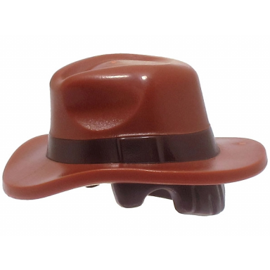 reddish brown minifigure hair combo hat with hair fedora outback style with wide brim with molded dark brown band and short hair pattern
