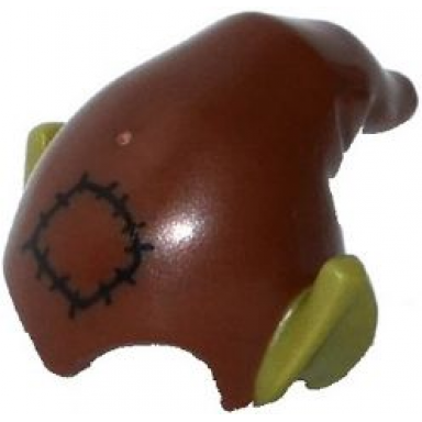 reddish brown minifigure headgear hat elf drooping with molded olive green pointed ears and printed patch pattern