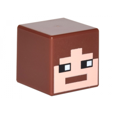 reddish brown minifigure head modified cube with pixelated light nougat face and black eyes looking right pattern minecraft skin