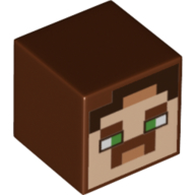reddish brown minifigure head modified cube with pixelated light nougat face bright green eyes nougat mouth black hair and moustache pattern minecraft hal