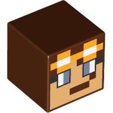 reddish brown minifigure head modified cube with pixelated medium tan face sand blue eyes and bright light orange goggles pattern minecraft armorsmith