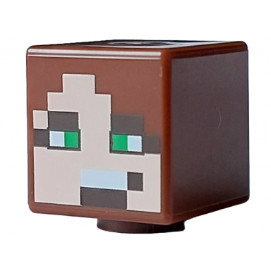 reddish brown minifigure head modified cube with pixelated light nougat face bright green eyes dark brown eyebrows and mouth with white teeth pattern minecraft badlands explorer