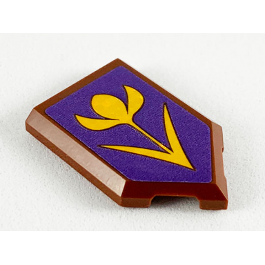reddish brown tile modified 2 x 3 pentagonal with dark purple pentagon and glittery bright light orange flower pattern sticker - set 41164