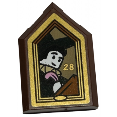 reddish brown tile modified 2 x 3 pentagonal with picture of wizard with bright pink plume feather and number 28 in gold frame pattern sticker - set 40577