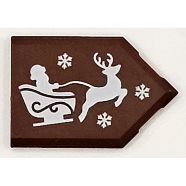 reddish brown tile modified 2 x 3 pentagonal with white santa sleigh reindeer and snowflakes pattern