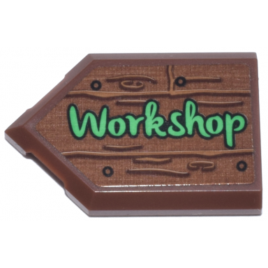 reddish brown tile modified 2 x 3 pentagonal with sign with black nails medium nougat wood grain and bright green workshop pattern sticker - set 10339