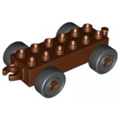 reddish brown duplo car base 2 x 6 with open hitch end and black wheels
