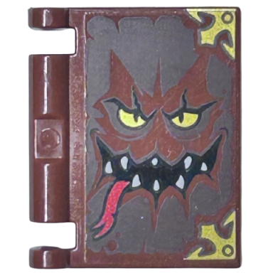reddish brown minifigure utensil book cover with gold eyes and corners black mouth with sharp white teeth red forked tongue dark brown highlights pattern nexo knights book of monsters