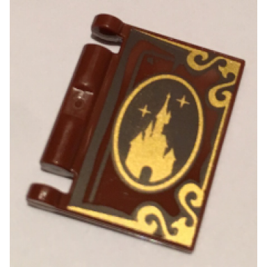reddish brown minifigure utensil book cover with gold disney castle oval and border pattern