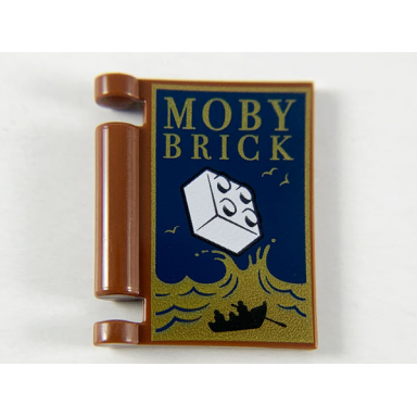 reddish brown minifigure utensil book cover with gold ocean and moby brick white brick black rowboat pattern