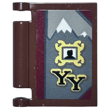 reddish brown minifigure utensil book cover with snow covered mountains black silhouette in gold frame and black yy pattern sticker - set 76389