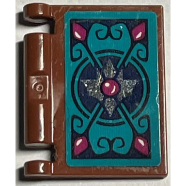 reddish brown minifigure utensil book cover with dark blue and magenta elves scrollwork on dark turquoise background pattern sticker - set 41194