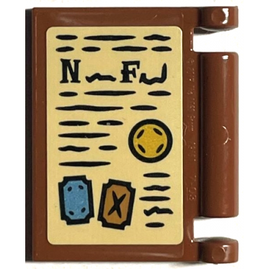 reddish brown minifigure utensil book cover with black writing symbols and capital letter n and f on tan background pattern sticker - set 76402