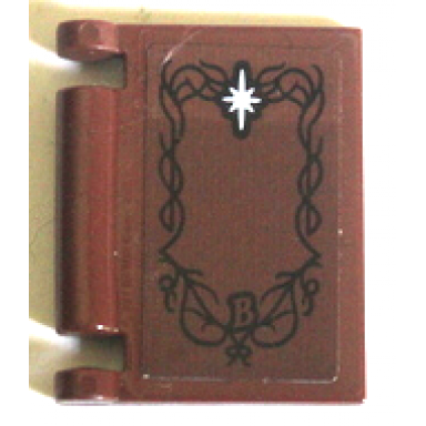 reddish brown minifigure utensil book cover with black ornate filigree border with capital letter b and white star pattern sticker - set 10316